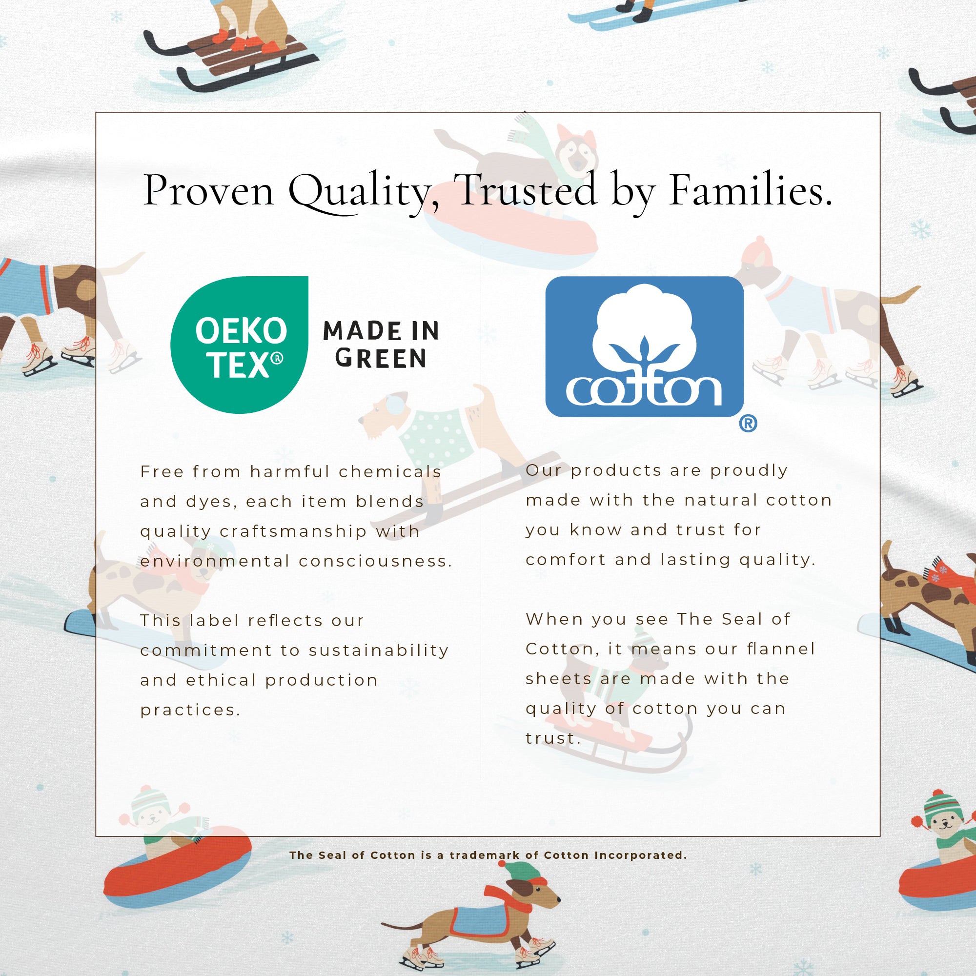 Advertisement for Cotton Incorporated and OEKO-TEX with text about product quality and sustainability.