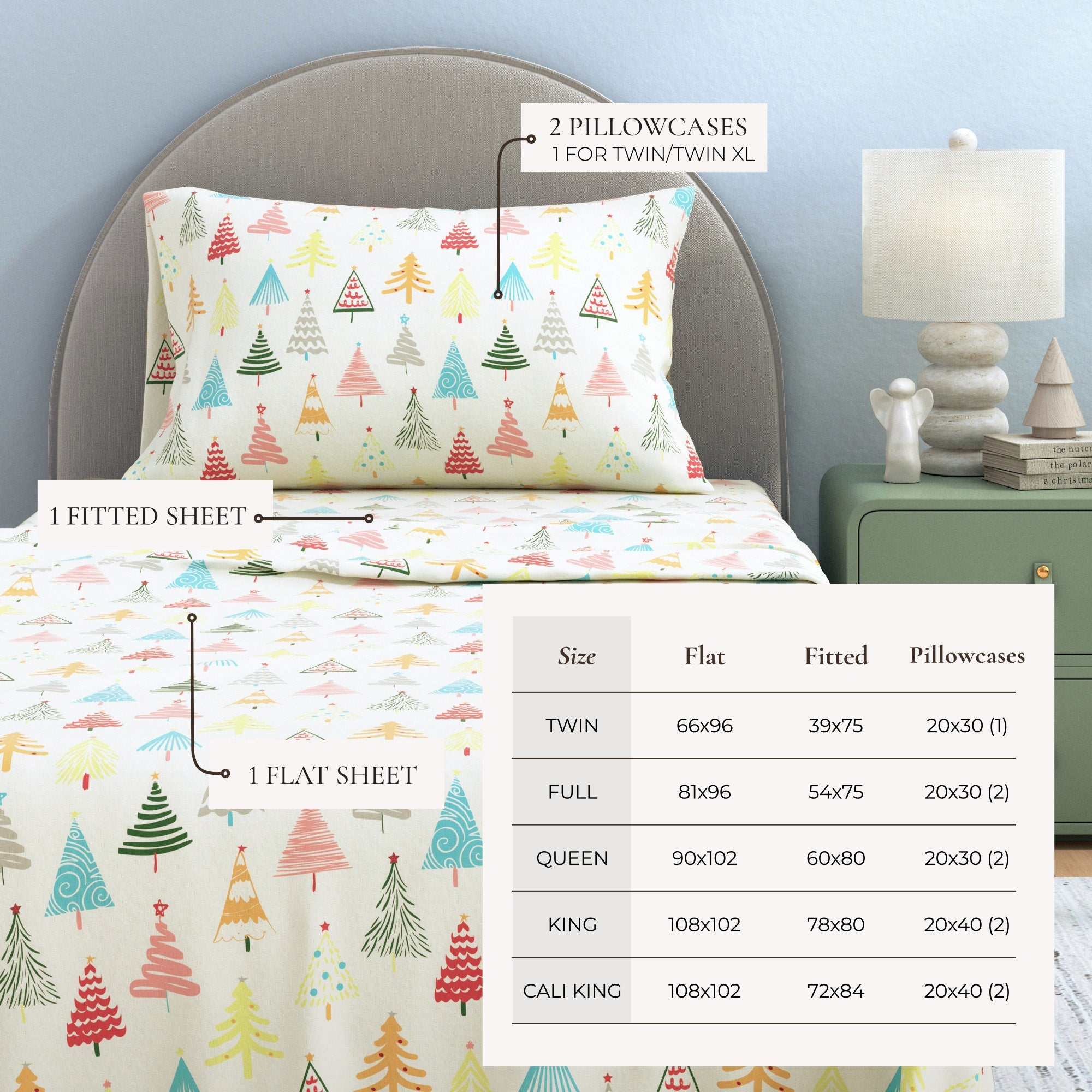 Bedding set with pillowcases and a flat sheet featuring Christmas tree pattern, size chart included.