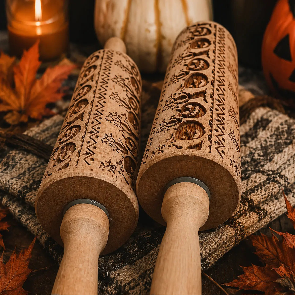Two wooden embossing rolling pins with Halloween patterns on a rustic surface with pumpkins and leaves.