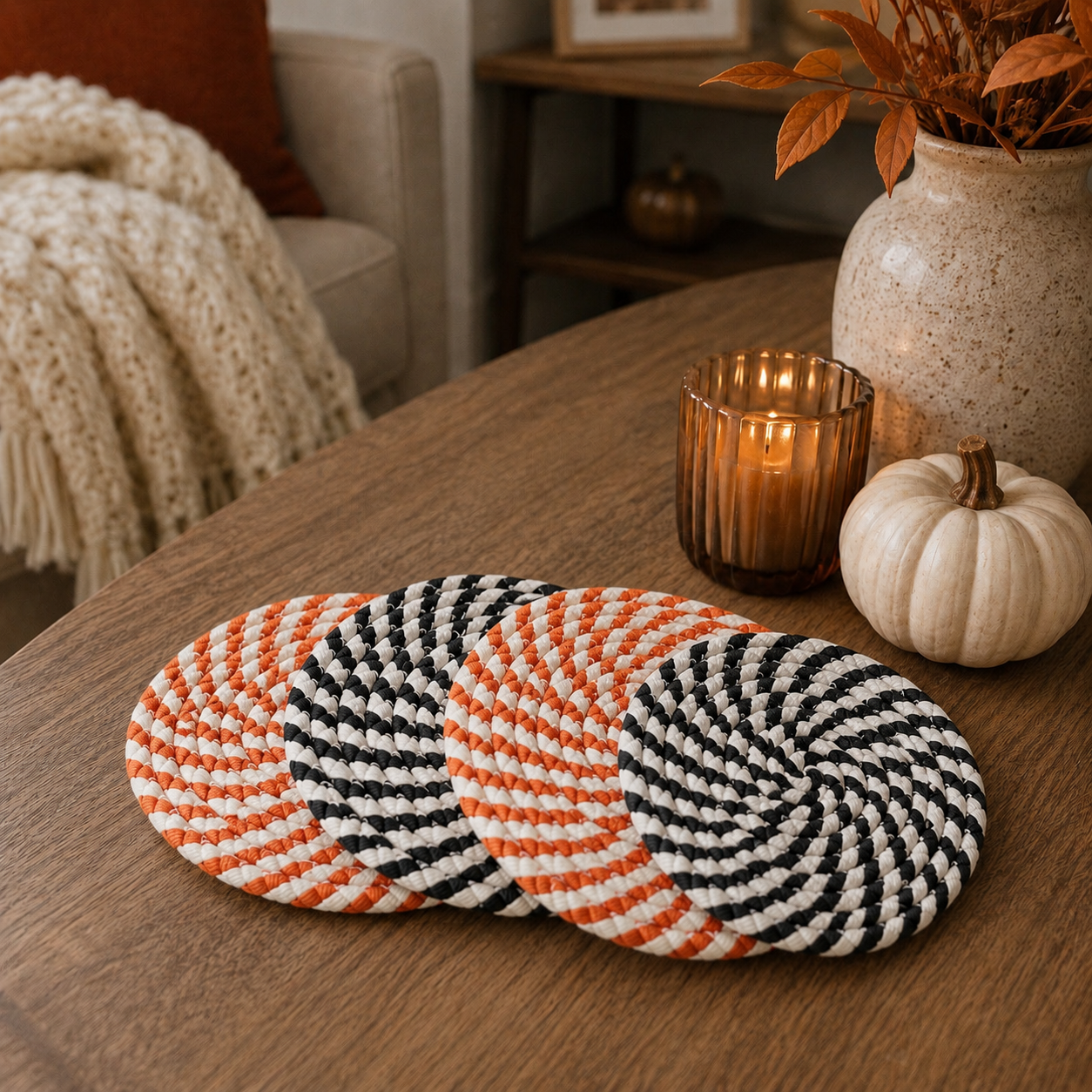 Three woven coasters in black, orange, and white on a wooden table with a candle and pumpkin.