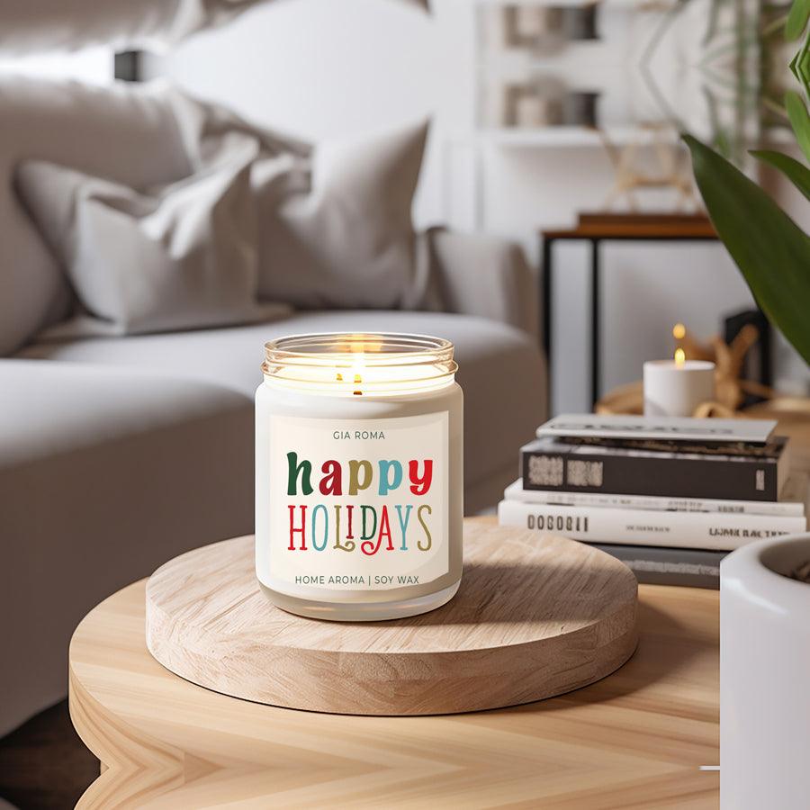 Candle labeled 'comfy & cozy' on a wooden table in a living room setting.
