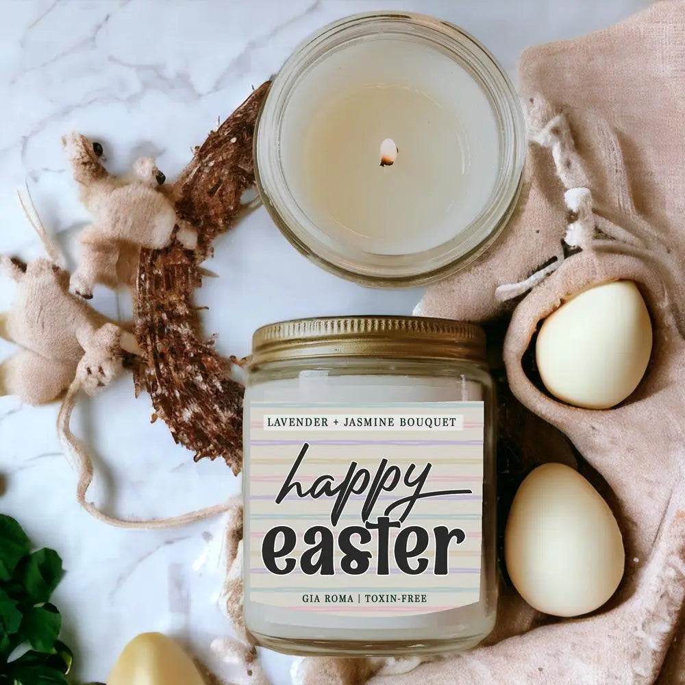 Candle jar labeled 'Happy Easter' with a lit candle, eggs, and decorative elements on a light background.