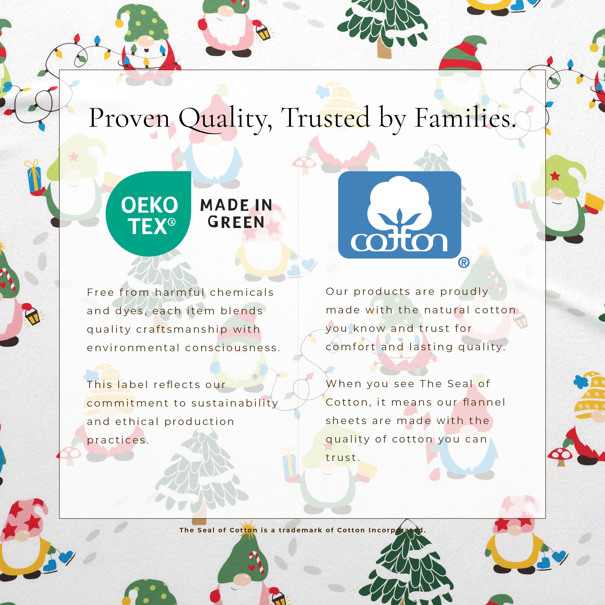 Product packaging with Oeko-Tex and Cotton Inc. logos and text on a festive background.
