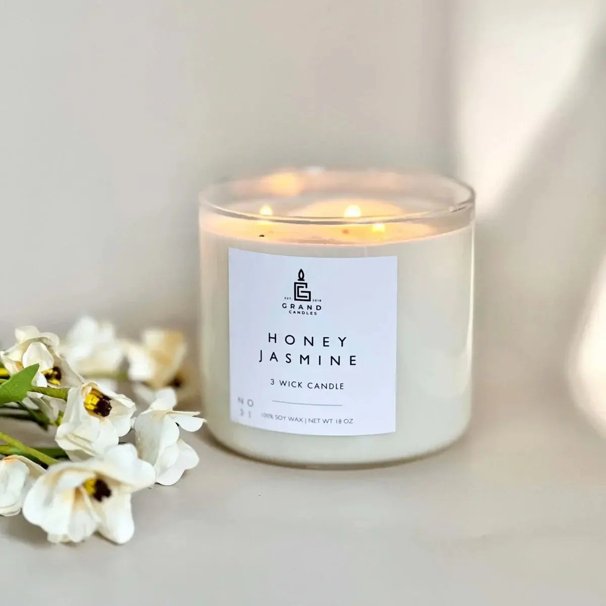Honey Jasmine 3-wick soy candle with white flowers, cozy farmhouse home decor