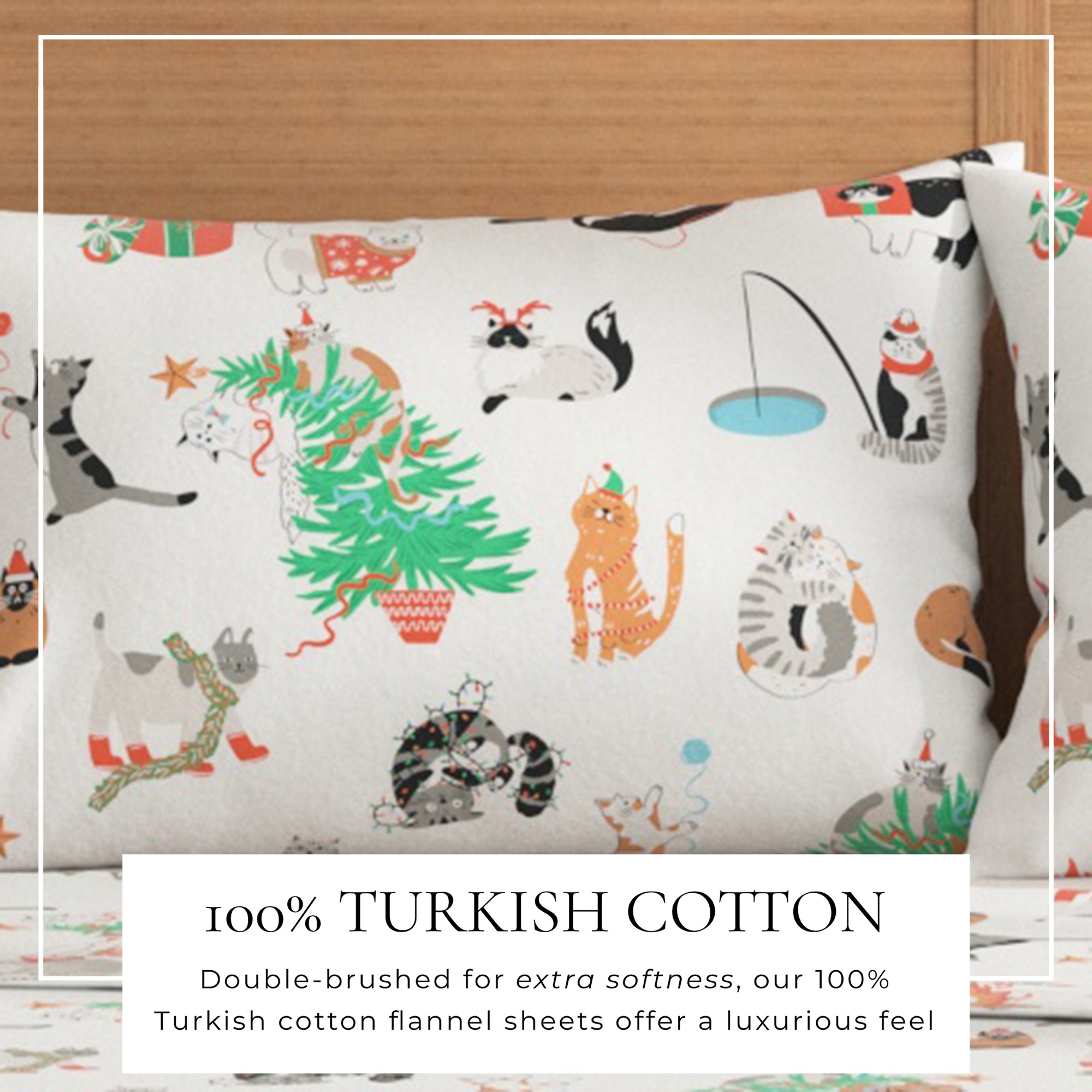 Flannel sheets with cat pattern on a bed, labeled as 100% Turkish cotton.