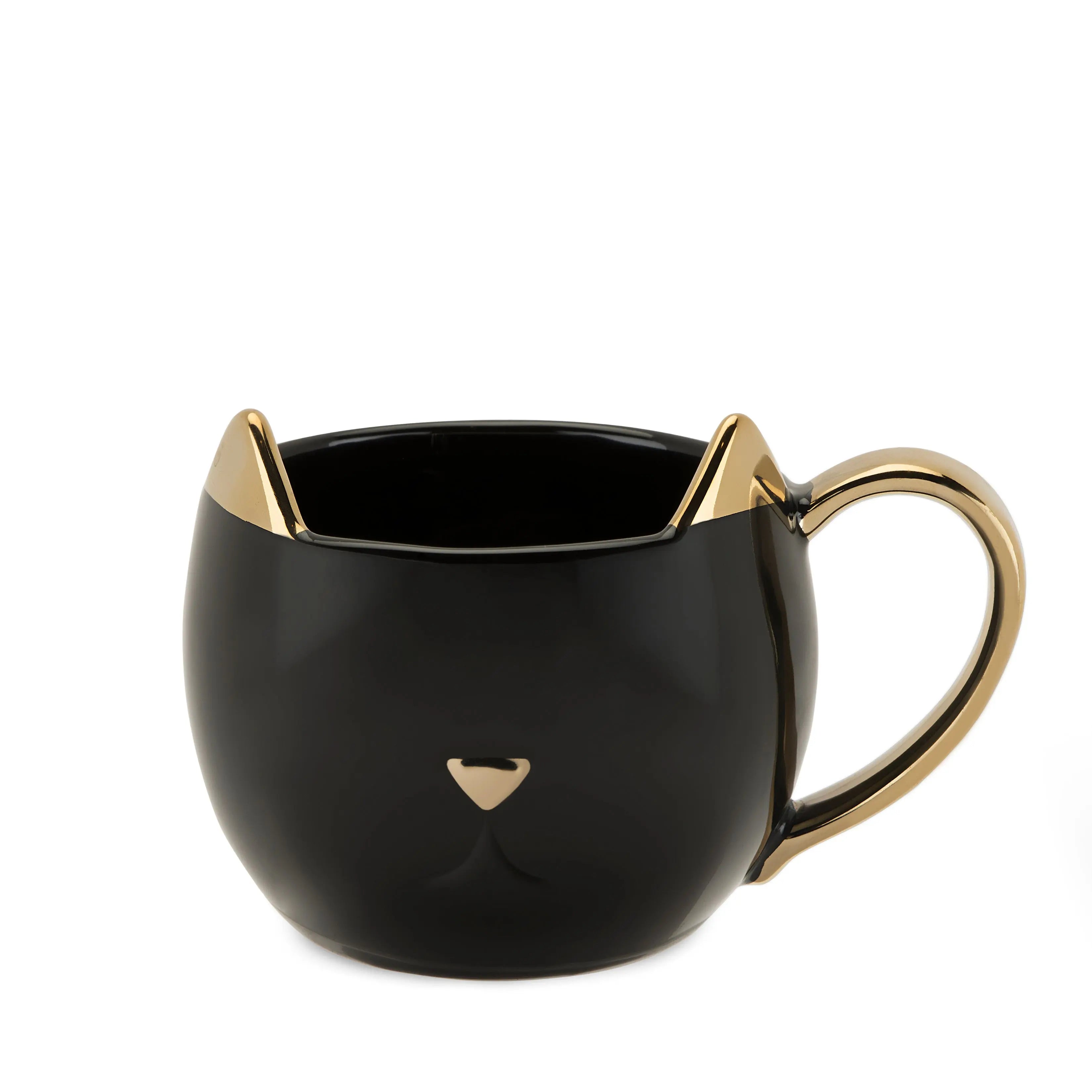Black cat-shaped mug with gold accents on a white background