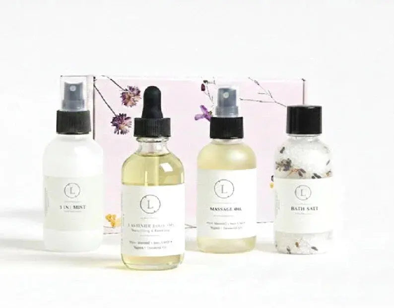 Lavender body oil, massage oil, bath salts, and mist set for cozy farmhouse bath essentials