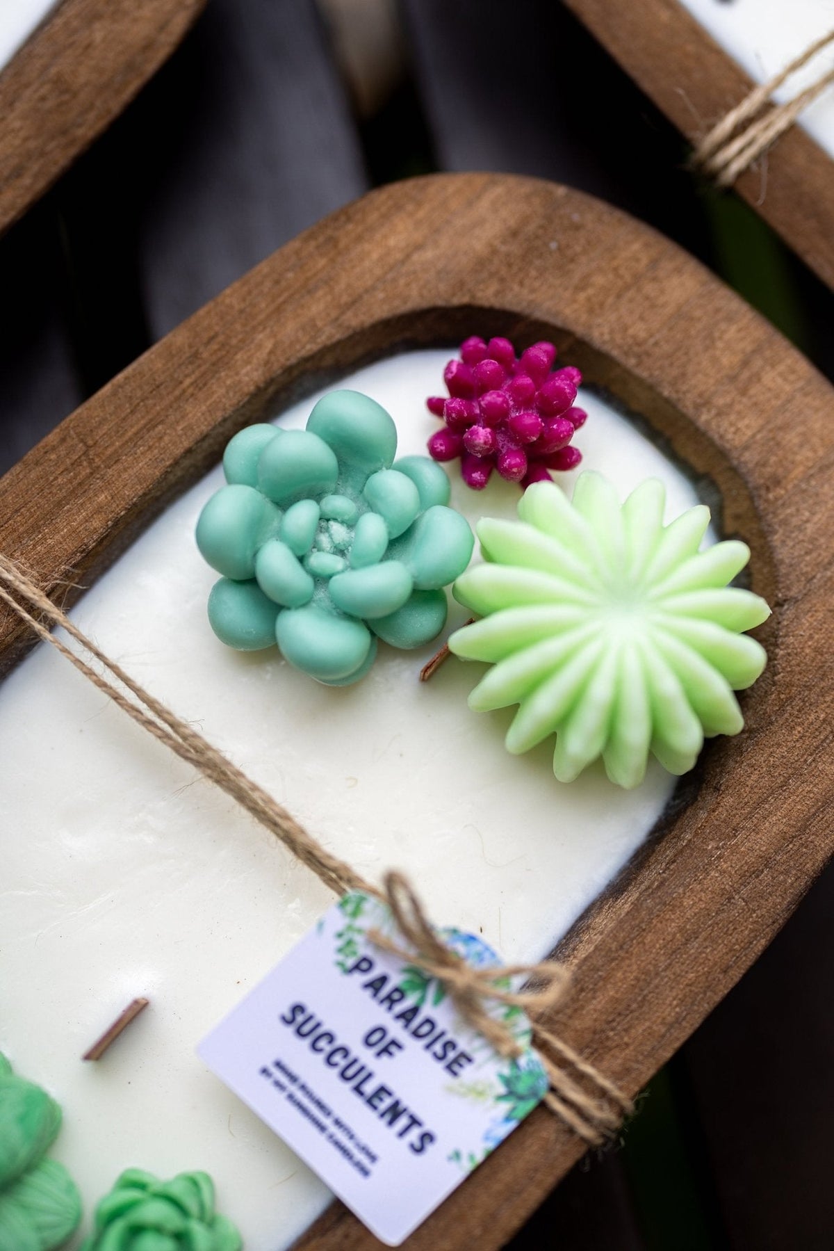 A close-up of a white candle in a wooden tray, decorated with three succulent-shaped wax pieces in mint green, light green, and magenta. A small paper tag tied with twine reads 'PARADISE OF SUCCULENTS'.