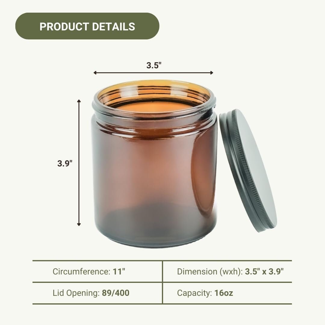Amber glass jar with dimensions and product details on a white background