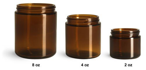 Three amber glass jars in 8 oz, 4 oz, and 2 oz sizes, shown on a white background with size labels underneath.