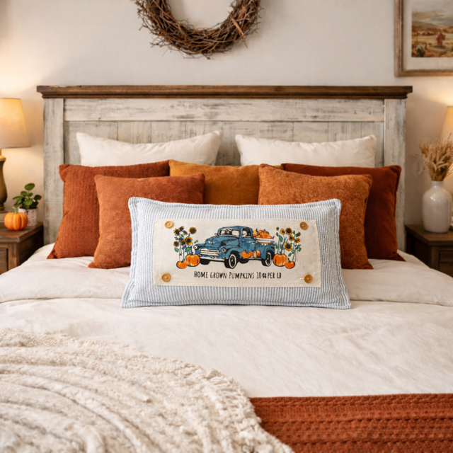 Decorative pillow with a blue truck and pumpkins design on a bed with autumn-themed pillows.