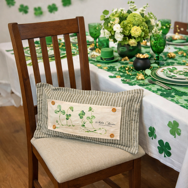 A rectangular decorative throw pillow with a striped green and beige fabric body and a central wooden patch featuring green shamrocks and the words 'White Clover Farm', resting on a wooden dining chair in a decorated dining room setting with a St. Patrick's Day table setup.