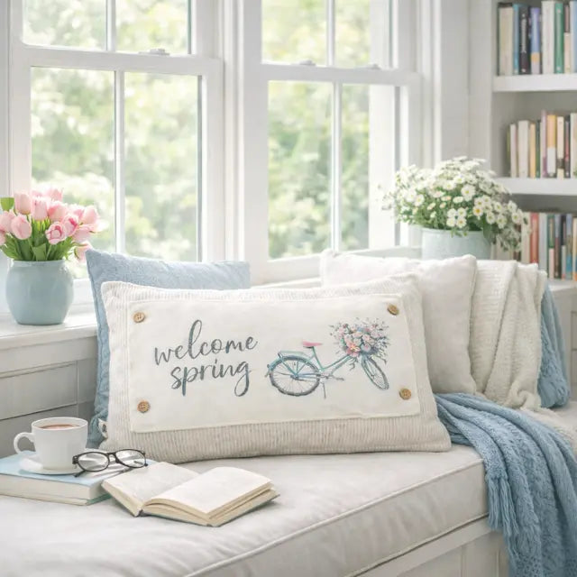 Cozy living room with 'welcome spring' pillow, coffee, book, and flowers.