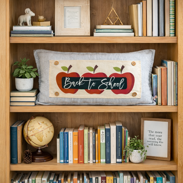 A rectangular decorative throw pillow with a striped blue-gray fabric and a central applique reading “Back to School” between three red apples, styled on a wooden bookshelf surrounded by books, plants, and framed decor.