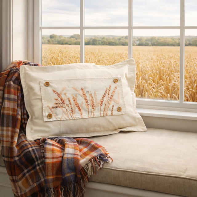 A cream linen pillow with embroidered wheat stalks and decorative buttons, styled on a window seat with a plaid throw blanket, overlooking a golden wheat field.