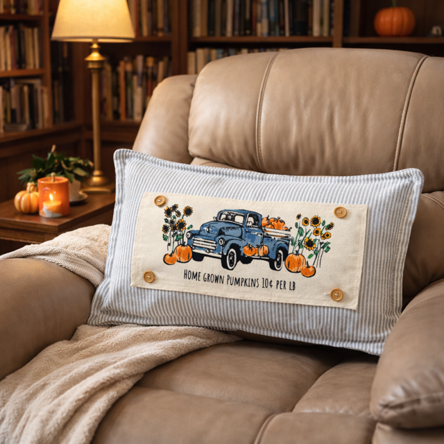 A rectangular decorative throw pillow with a blue vintage pickup truck carrying pumpkins, surrounded by sunflowers and the text 'Home Grown Pumpkins 10 lbs per lb', resting on a beige leather couch in a cozy living room setting.