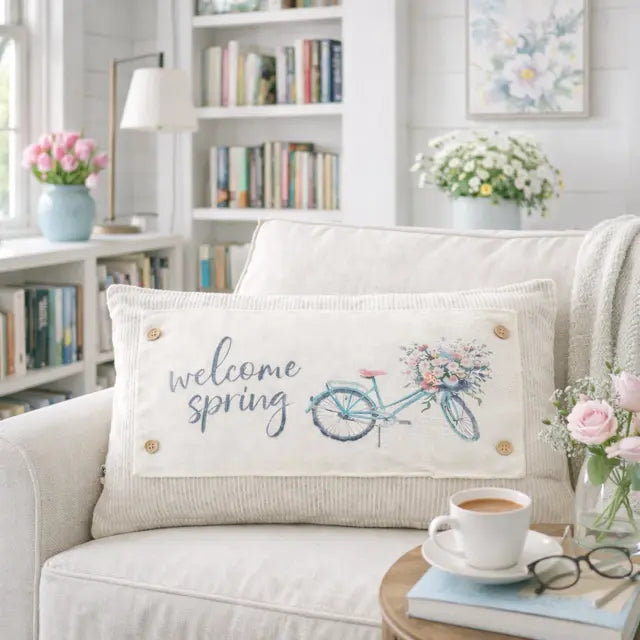 Decorative pillow with 'welcome spring' and bicycle design on a couch in a cozy living room.