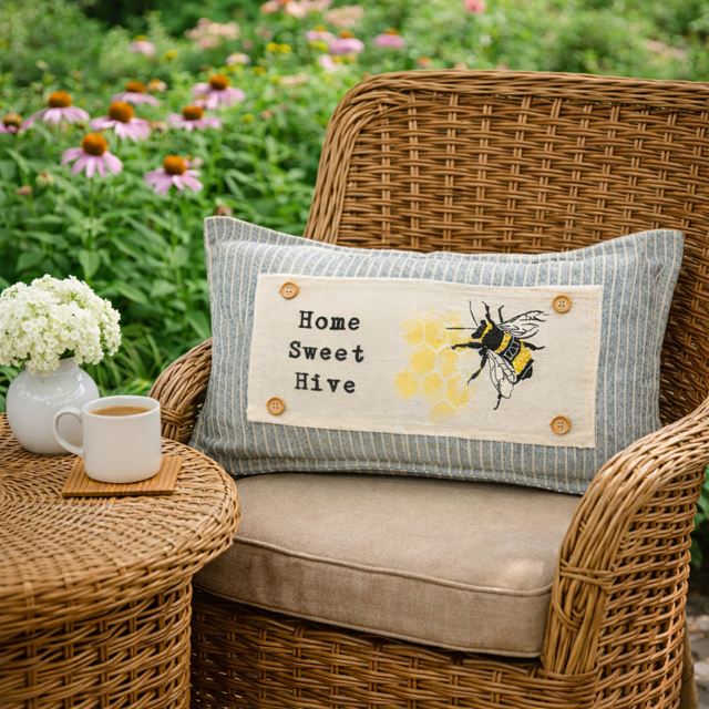 A rectangular decorative throw pillow with a striped blue and white border and a central cream panel reading 'Home Sweet Hive' with a bee and honeycomb design, resting on a wicker patio chair in a garden setting.