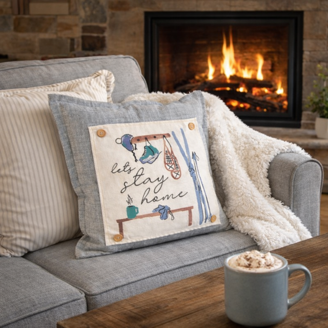A cozy living room scene with a gray sofa, a white sherpa throw, and a decorative square throw pillow that reads “let’s stay home” with winter sports illustrations. A fireplace is visible in the background, and a mug sits on a wooden table in the foreground.