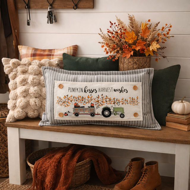 Decorative pillow with autumn design on a wooden bench with fall-themed decor.