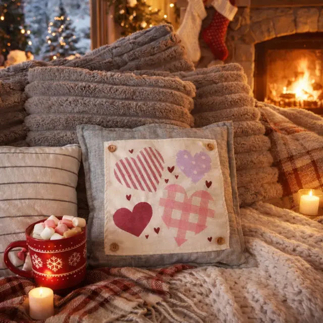 A cozy indoor scene with a decorative throw pillow in front of a fireplace. The pillow has a cream center panel with three heart motifs in red, pink, and purple on a gray fabric border.
