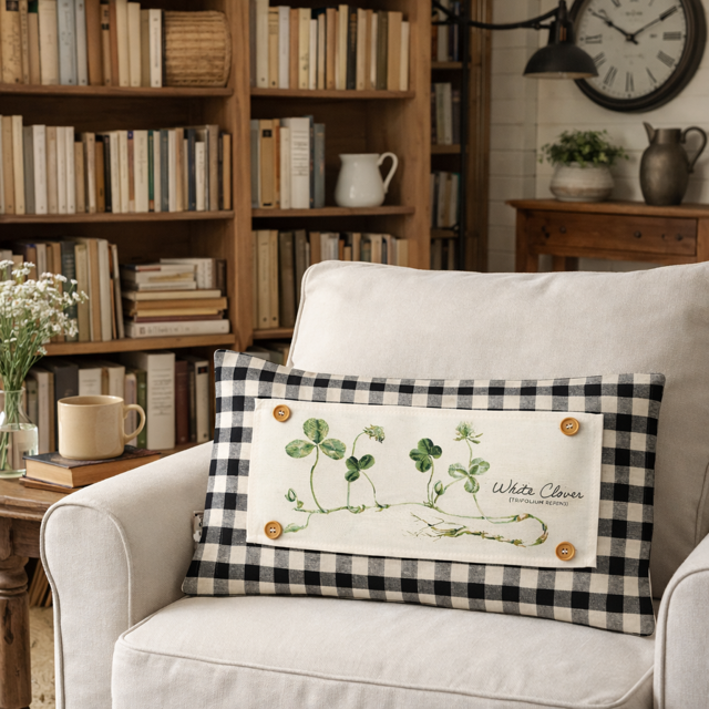 A rectangular throw pillow with a black and white gingham border and a central cream panel featuring green clover illustrations and the words 'White Clover Pennsylvania,' styled on a white armchair in a cozy, book-filled room.