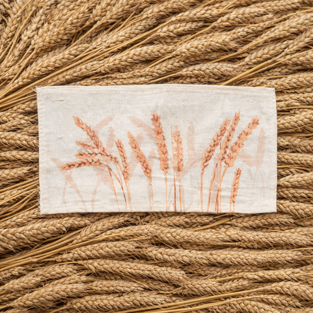 A square off-white linen cloth featuring a printed design of wheat stalks in a warm terracotta color, laid flat on a textured background of dried wheat stalks.