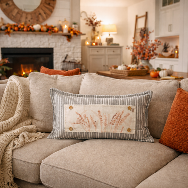 A cozy living room scene with a beige sectional sofa in the foreground, featuring a rectangular decorative throw pillow with a striped border and a central cream panel printed with a muted botanical pattern. The pillow is styled with a chunky knit cream throw blanket and orange accent pillows.