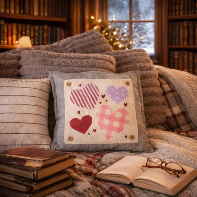 A cozy home interior scene with a decorative square throw pillow in the foreground featuring embroidered hearts on a cream patchwork panel with a gray border. The pillow sits on a bed with knit blankets, pillows, books, and an open book with glasses, with bookshelves and a window in the background.
