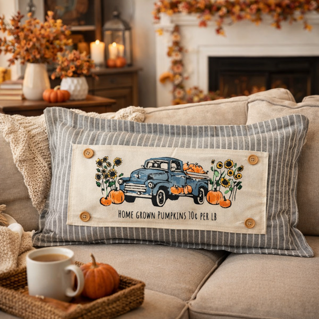 A rectangular decorative throw pillow on a beige couch in a cozy living room setting. The pillow has a gray and white striped border and a central cream panel showing a blue pickup truck loaded with pumpkins, sunflowers, and pumpkins, with the text 'HOME GROWN PUMPKINS 70¢ PER LB'.
