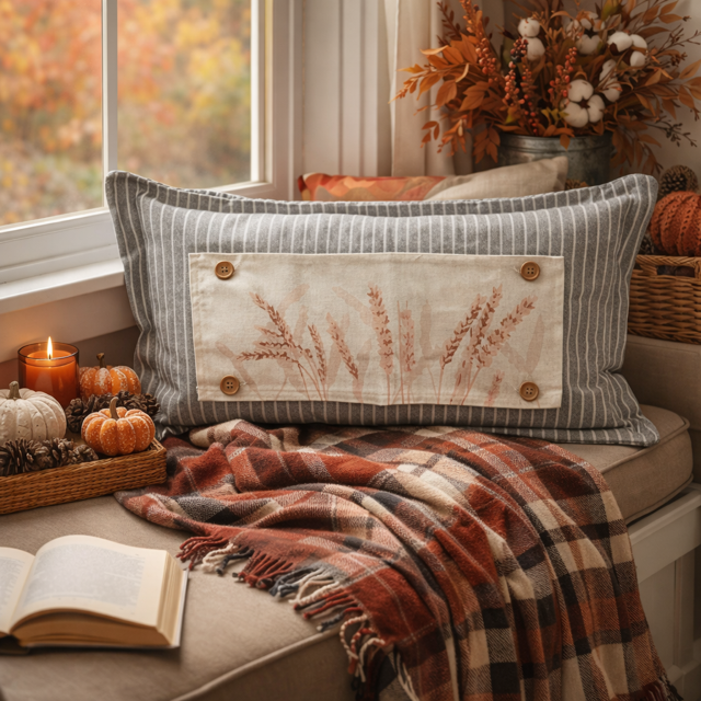 A rectangular throw pillow with a gray and white striped border and a central cream patch featuring a brown wheat design, styled on a window seat with a plaid blanket, pumpkins, candles, and autumn decor.