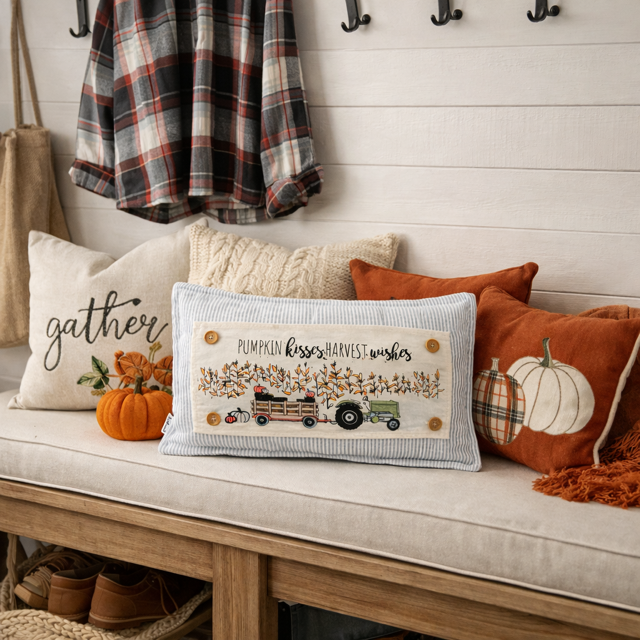 Decorative pillows on a bench with autumn-themed text and pumpkins.