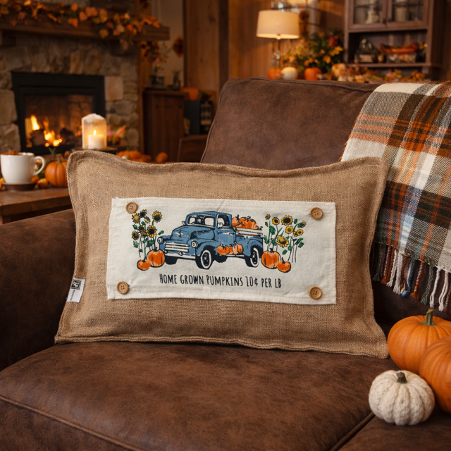 A rectangular burlap throw pillow with a rustic embroidered design of a blue pickup truck carrying pumpkins, placed on a brown couch in a cozy living room setting with a fireplace, plaid blanket, and pumpkins.