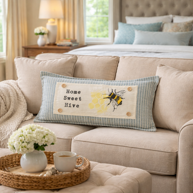 A rectangular decorative throw pillow with a stitched design reading 'Home Sweet Hive' and a bee over yellow honeycomb shapes, resting on a beige sofa in a softly lit living room.