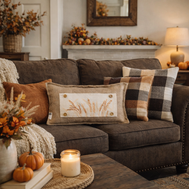 A cozy living room scene with a dark brown upholstered sofa styled with autumn throw pillows, including a central rectangular pillow with a wheat motif on a cream background and two plaid pillows. A coffee table with a candle and small pumpkins sits in front, and a fireplace mantel with fall decor is visible in the background.