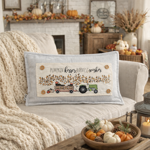 Decorative pillow with autumn design on a couch in a cozy living room.