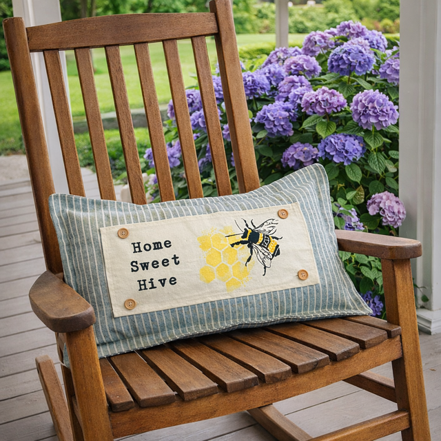 Decorative pillow with bee design and text on a wooden chair with flowers in the background