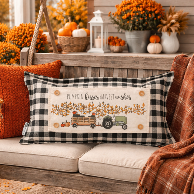 Decorative pillow with autumn design on a couch with fall decorations in the background.