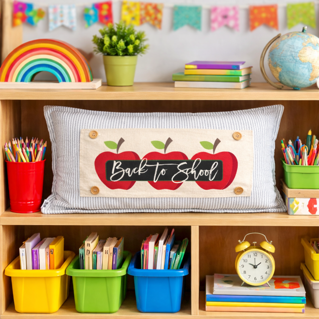 A rectangular striped pillow with a central applique reading 'Back to School' between two red apples, displayed on a wooden shelf with colorful classroom-themed items including books, bins, a rainbow, and a globe.