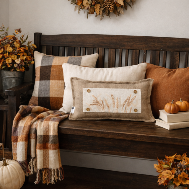 A styled autumn home decor scene featuring a dark wooden bench with cozy throw pillows and a plaid throw blanket. The pillows include a cream linen pillow with a central embroidered wheat patch, a brown and beige plaid pillow, and a rust-colored pillow.