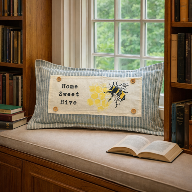 A rectangular decorative throw pillow with a striped blue and white fabric body, a cream center panel reading 'Home Sweet Hive,' yellow honeycomb stitching, and a black-and-yellow bee illustration, styled on a window seat in a book-filled room.