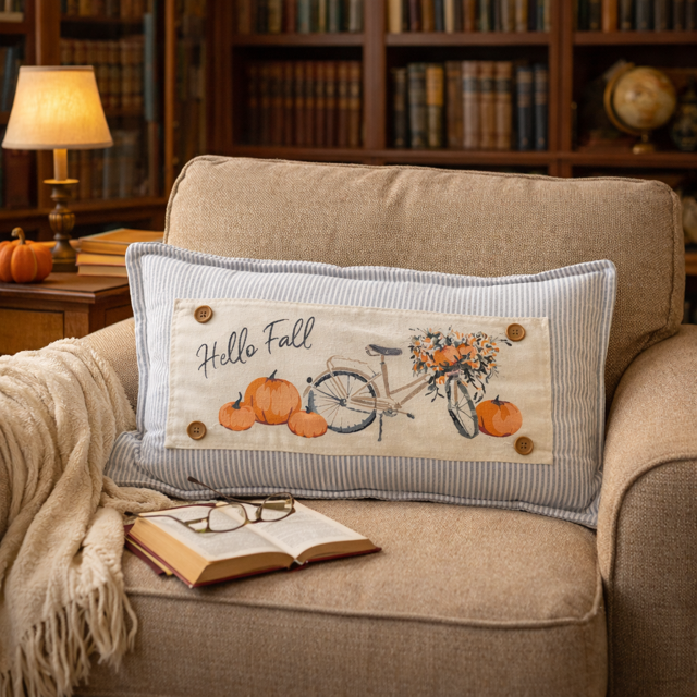 Decorative pillow with 'Hello Fall' text and autumn elements on a beige armchair with books and pumpkins in the background.