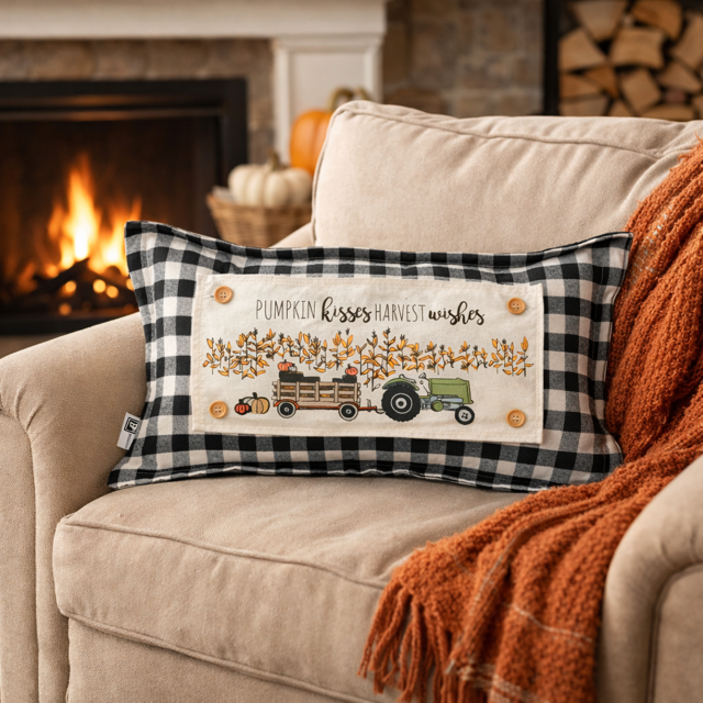 Decorative pillow with autumn design on a couch in front of a fireplace.