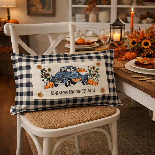 A rectangular decorative throw pillow with a navy and white gingham border and a central illustration of a blue pickup truck carrying pumpkins, placed on a white chair in a warmly lit dining room setting.