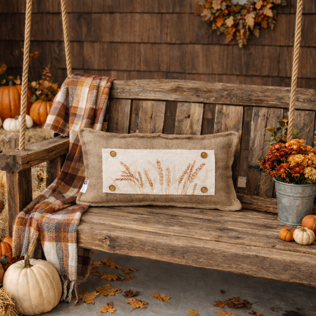 A rectangular burlap throw pillow with a wheat design sits on a rustic wooden porch swing, styled with a plaid blanket, pumpkins, and autumn flowers.
