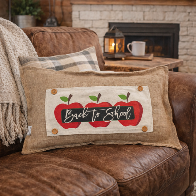 A rectangular burlap throw pillow with a 'Back to School' apple graphic, styled on a brown leather couch in a cozy living room setting.