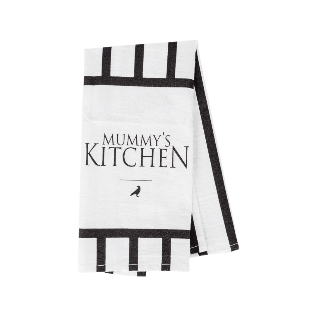 Black and white striped towel with 'Mummy's Kitchen' text on a white background