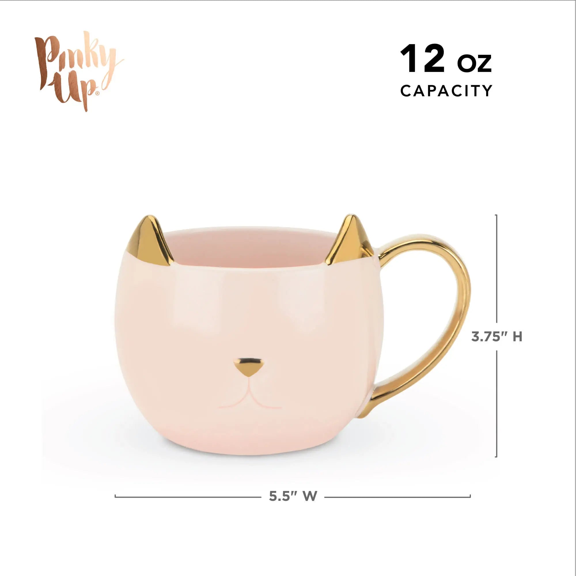 Pink cat-shaped mug with gold accents and measurements on a white background