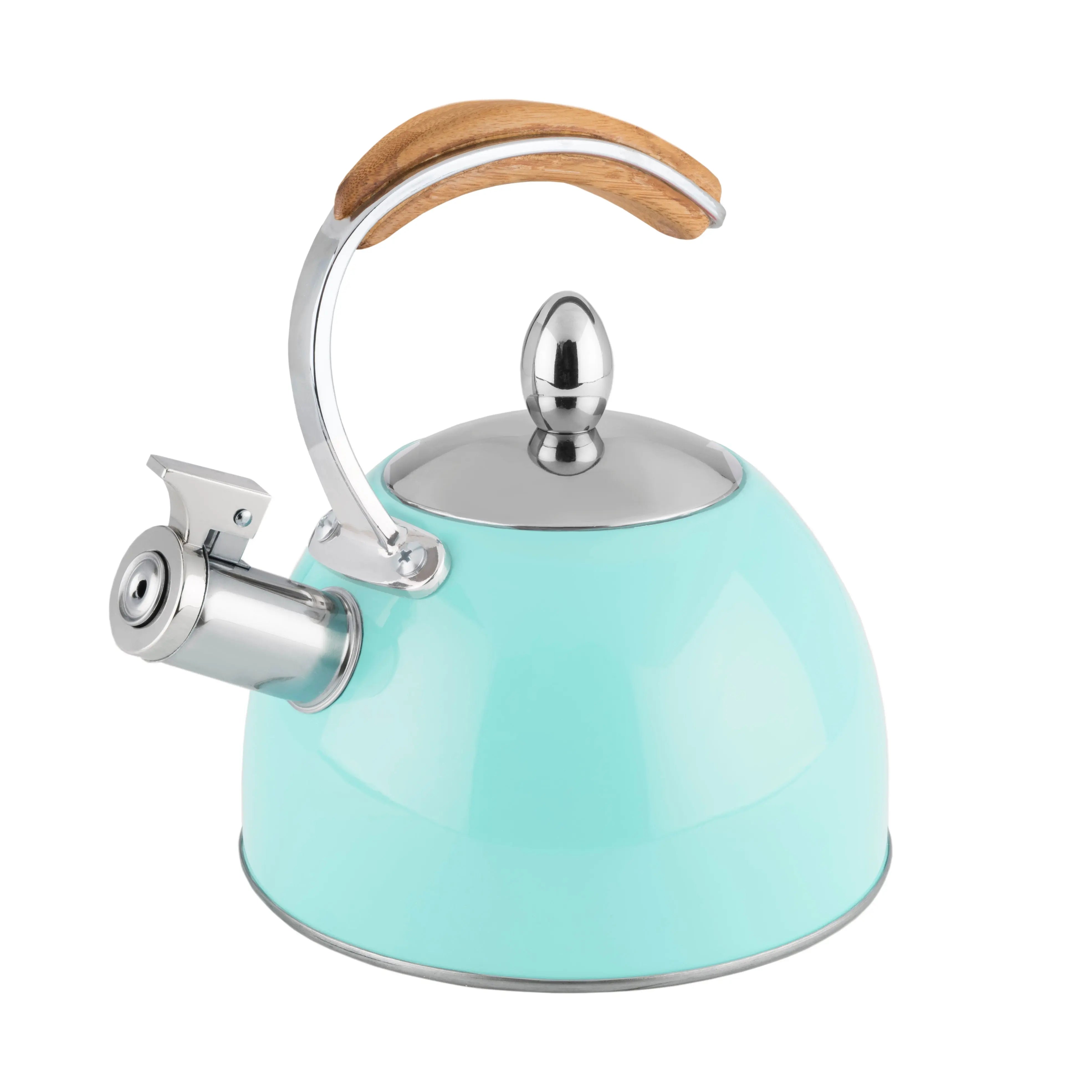 Turquoise kettle with a wooden handle on a white background
