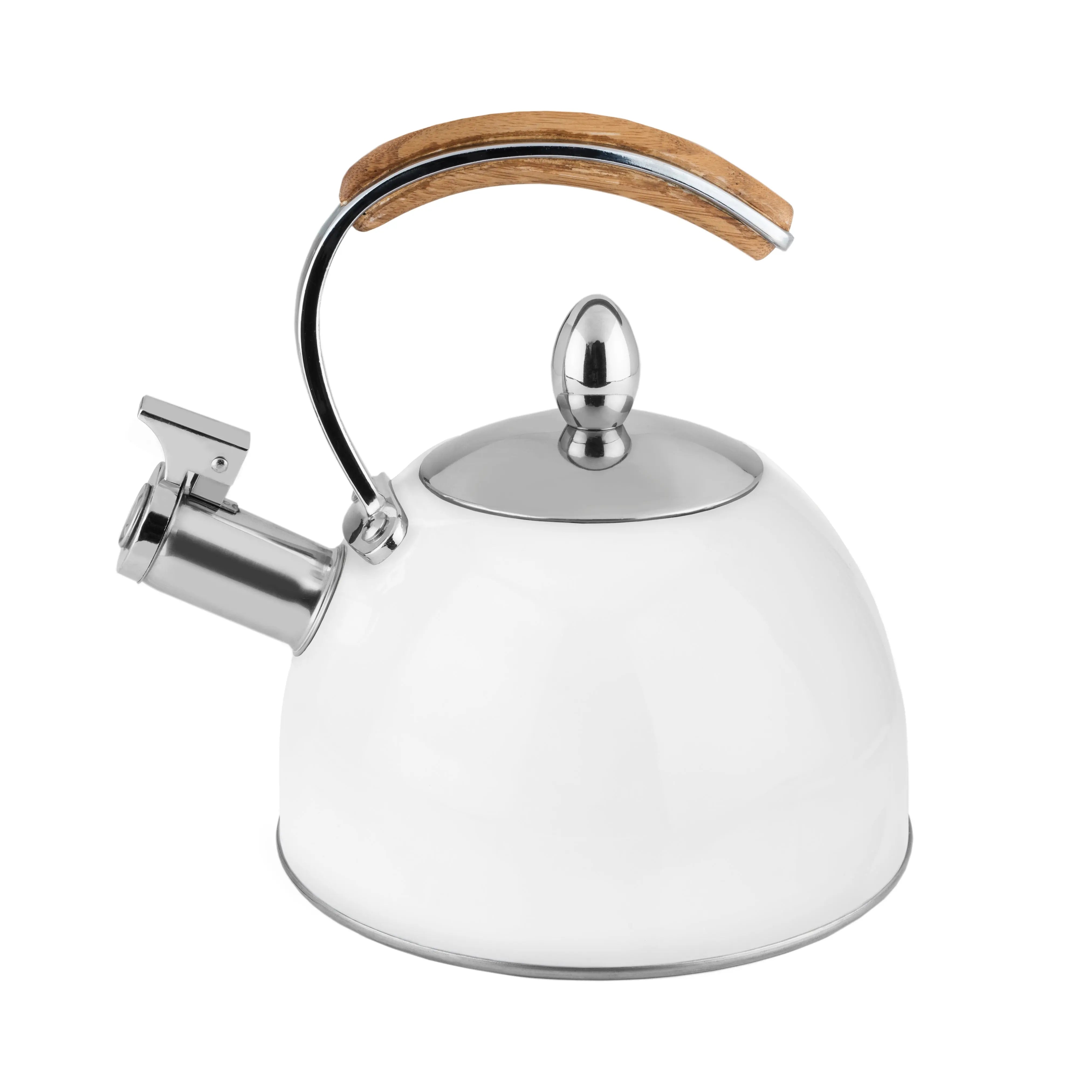 White kettle with a silver handle on a white background
